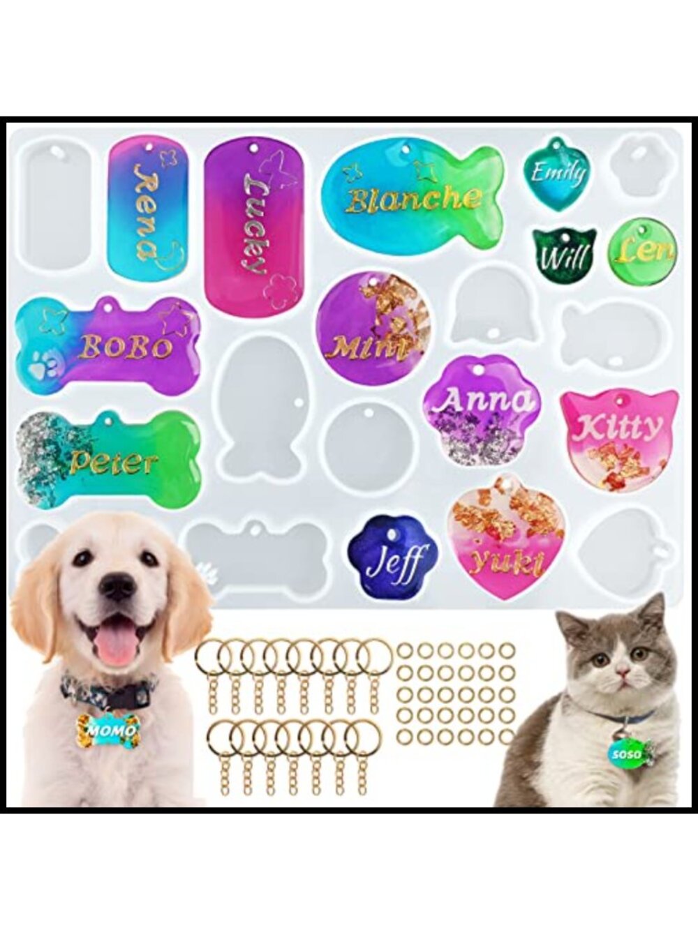 Silicone Resin Mold Kit 22 Cavity Dog Cat Tag Keychain DIY Craft